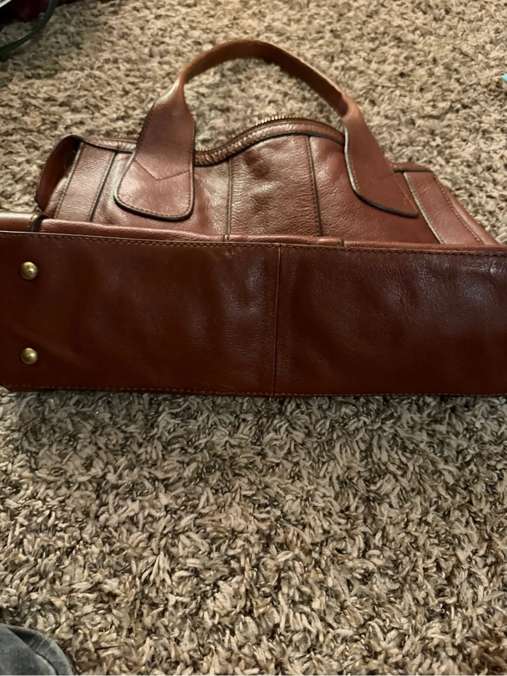 Vintage Fossil Cognac Leather Satchel Bag with Key Charm